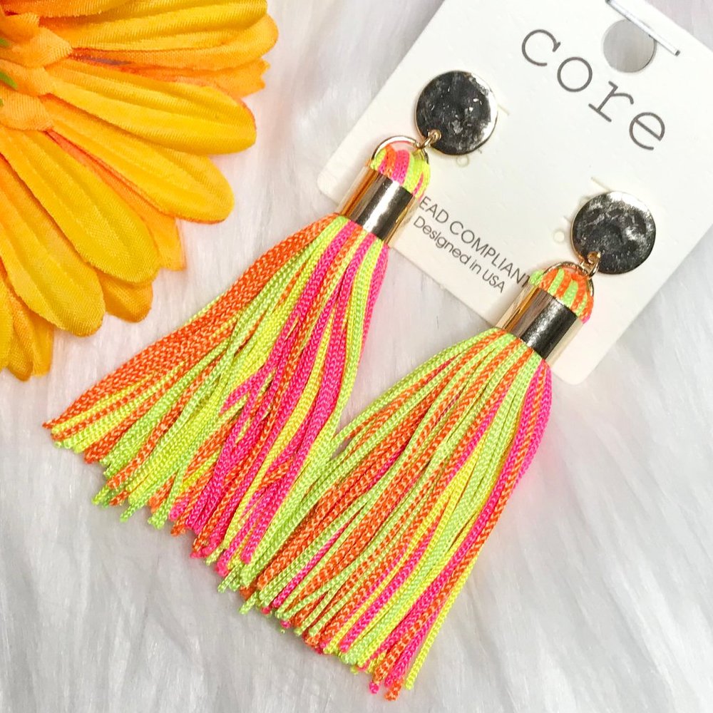 New Mixe Boho Earrings Silky Goldtone Post Tassels